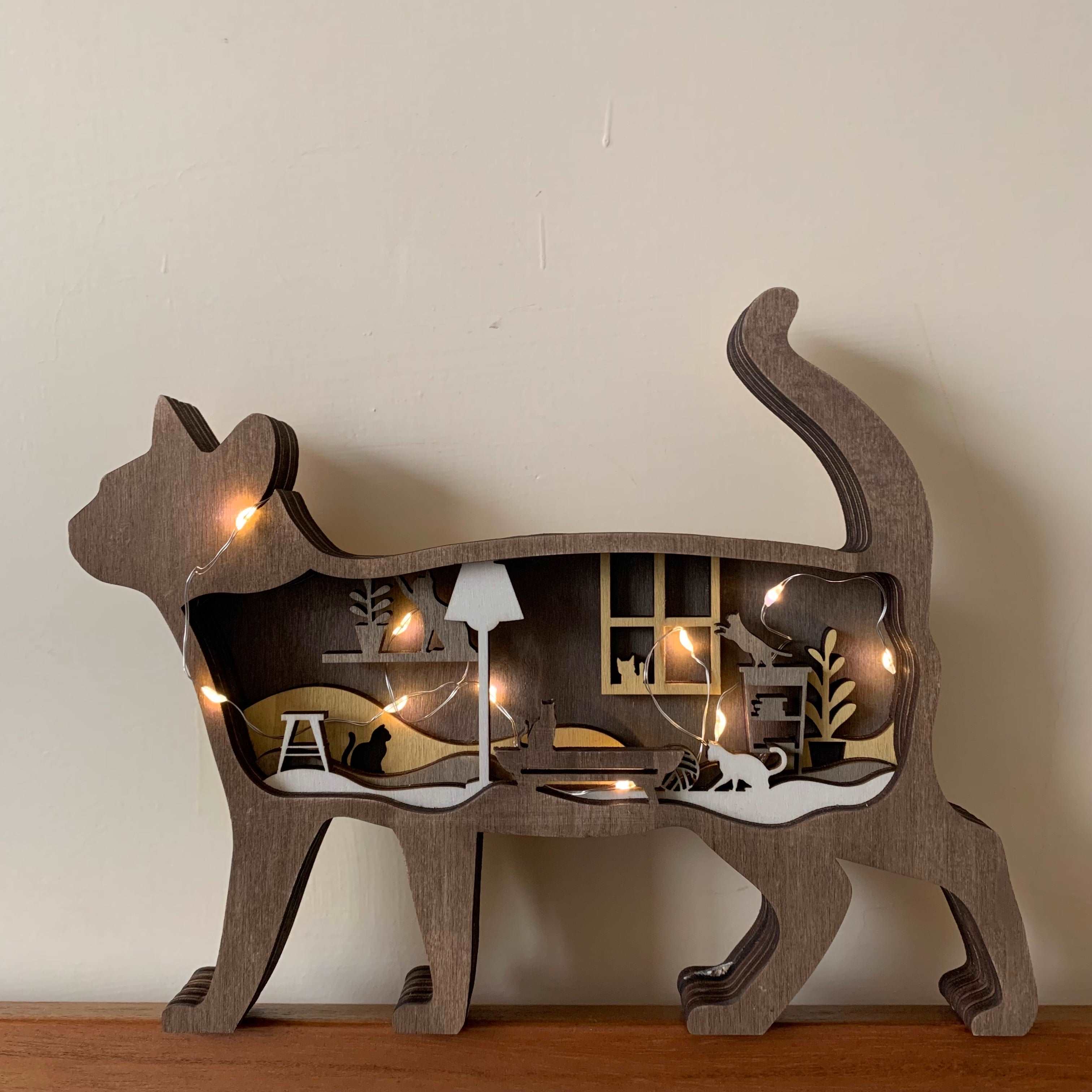 原木雕刻小貓燈座